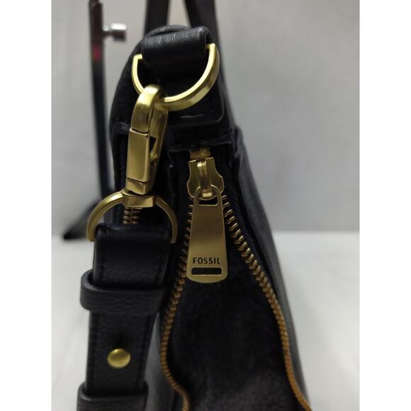 Fossil Black Pebbled Expandable Zipper Double Handles Satchel Shoulder Bag - Picture 9 of 16